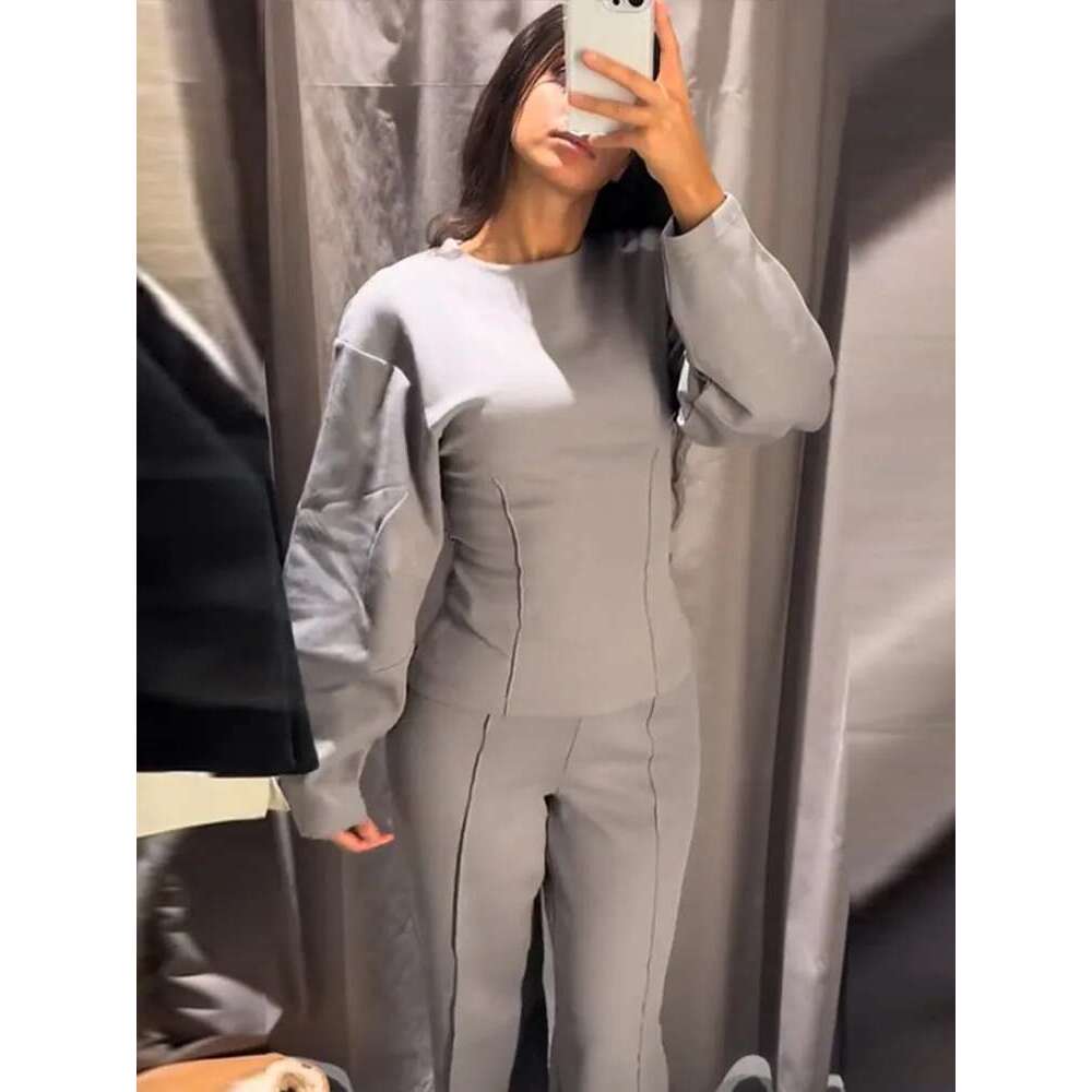 Casual Solid Women 2 Pieces Sets With Trousers Fashion O Neck Full Sleeve Slim Top High Waist Long Pants Elegant Lady Streetwear