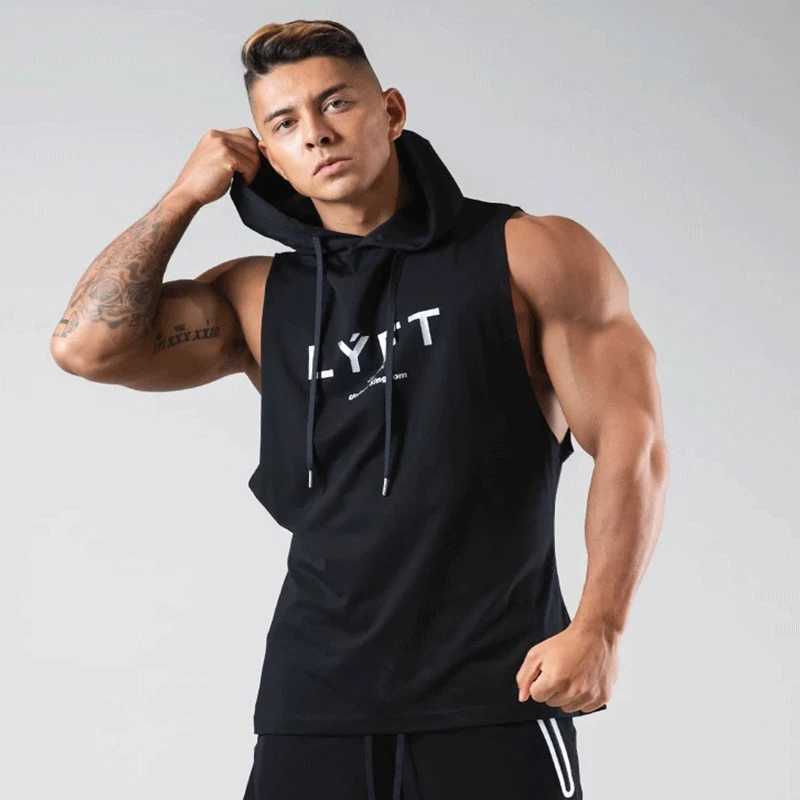 Mens sports hoodie vest bodybuilding muscle cut T-shirt sleeveless fitness hoodie X250324