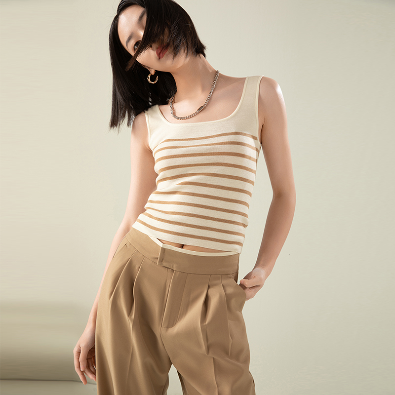 2025 New Four Seasons Wearable Striped Square Neck Knitted Designer Tank Top Outdoor Beach Women's Fashion Versatile Bottom Classic Sexy Strap Sl