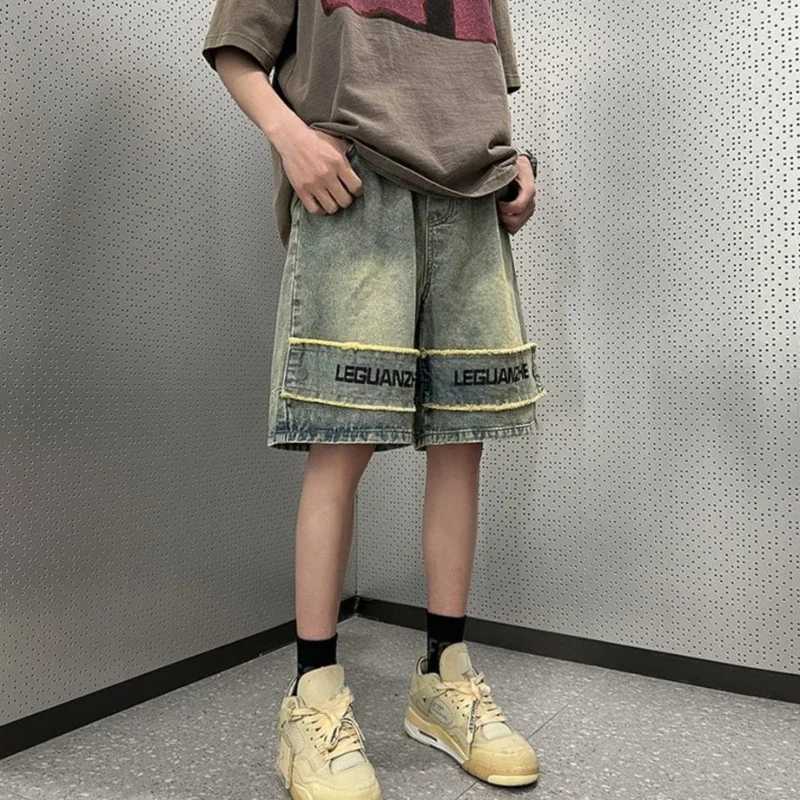 Mens Denim Shorts Half Graphic Long Mens Short Jeans Pants with Text Bermuda Cut Vintage Buttons Streetwear New in Cowboy Xxxl T250603