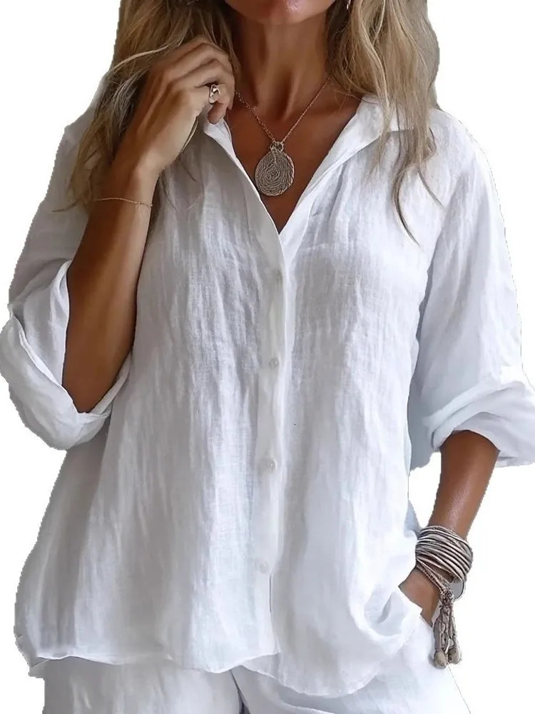 Casual Solid Top Shirt Spring Autumn Fashion Elegant Long Sleeve Button Cotton Linen Top Office Casual Shirts Women Clothes 250318