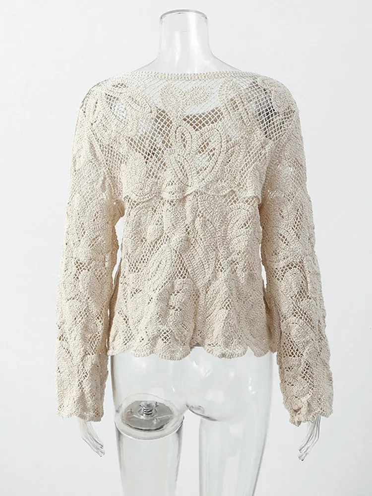 Elegant beige casual hollow shirt womens retro hook floral lace long sleeved button up shirt French top shirt 250318