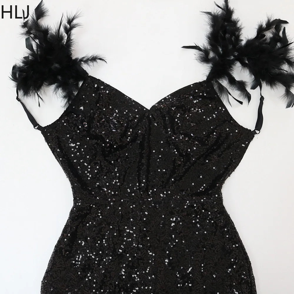 HLJ Sexy Night Club Formal Ball Dress Elegant Gold Glitter Feather Long Womens Backless High Seam Cocktail Party Vest 250320