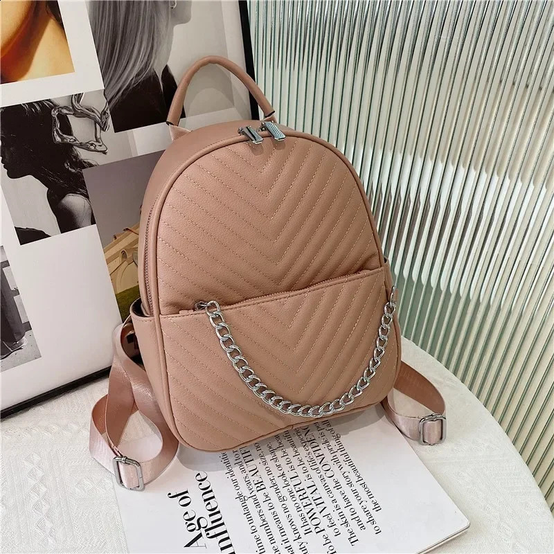 Fashion V-striped PU leather small backpack for women anti-theft travel backpack fashion chain for school bag for women elegant Knapsack 250318