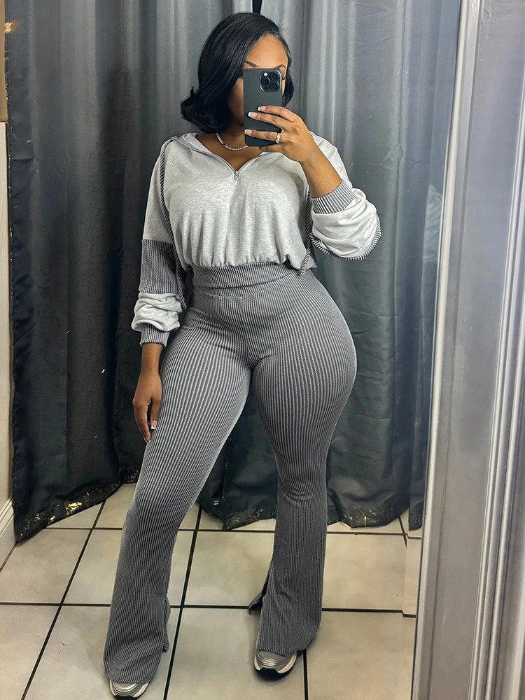 Spring Fall Knit Ribbed Women Long Sleeve Hooded Patchwork Sweatshirts Tops And Flare Pants 2 Piece Sets Jogger Outfit Tracksuit