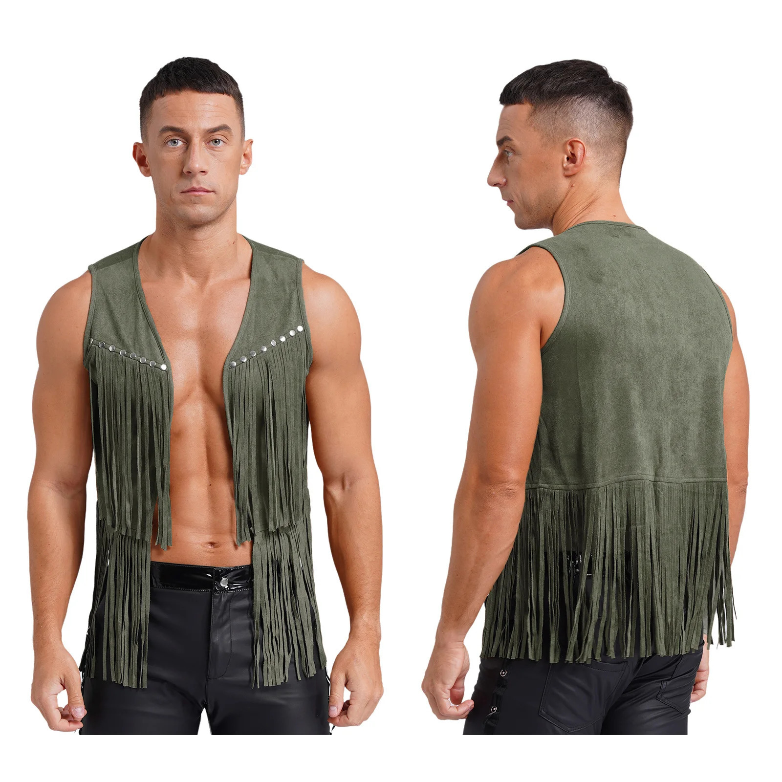 Brown Leather Men Fringe Vest Sleeveless Tassels Vintage Western Cowboy Cardigan Waistcoat Jacket Streetwear Halloween Cosplay 250321