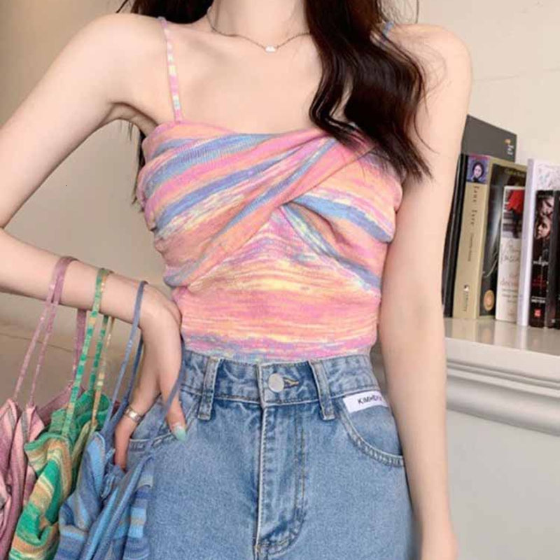 Colored Striped Design With A Sense Of Small Camisole For Wearing On Top Women's Spring Short Sexy Base Sweet And Spicy Inner Layer Top Trend