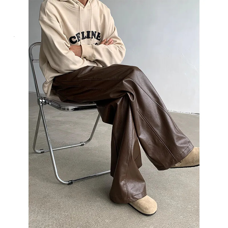 PU Leather Pants Men Straight 2025 Spring Mens Punk Fashion Hip Wideleg Mopping Trousers Windproof Dark BrownBlack 250318