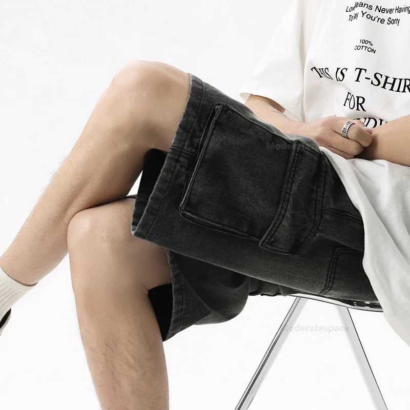 Summer Retro Fashion Denim Shorts for Men Loose Straight Leg Multi-pocket Short Jeans With Elastic Waist and Drawstring Male T250603