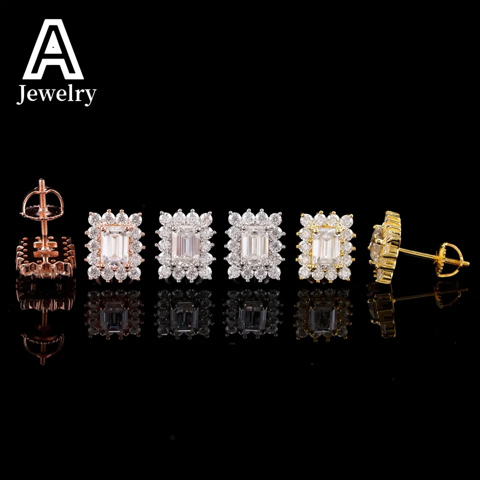 Hip Hop Moissanite Diamond Studs Fashion Silver Jewelry 10*8mm Earrings Baguette cut Lab Diamond Men Women Ear Studs