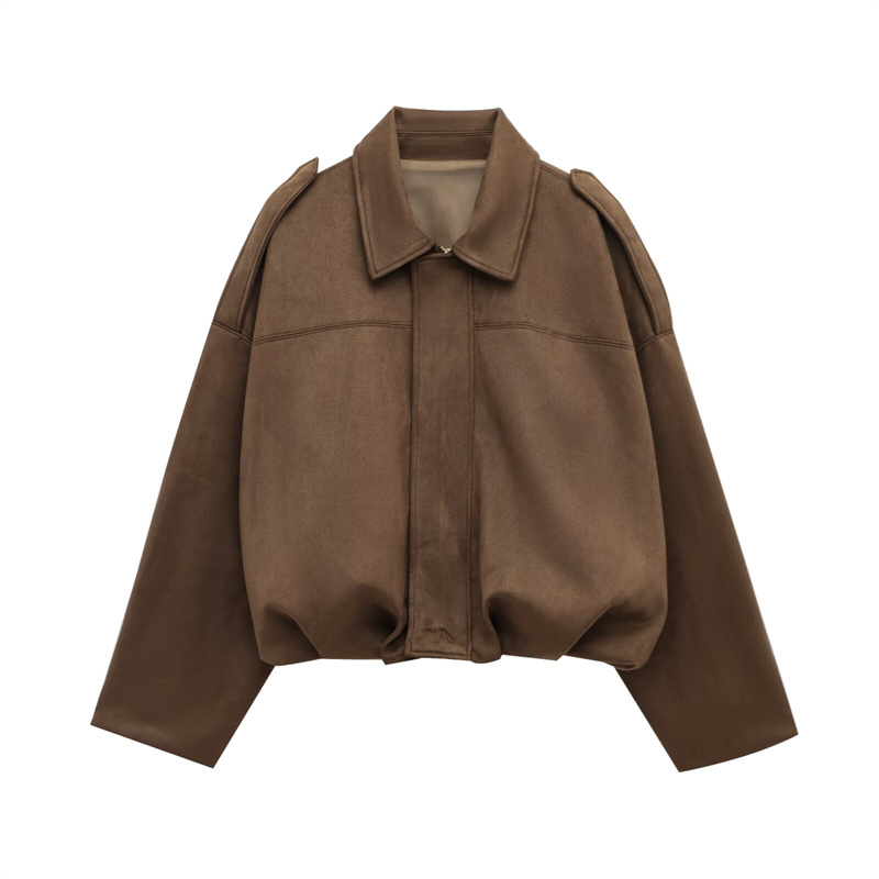2025 Spring Casual Women's Clothing Fashion Bat Sleeve Collar Suede Texture Effect Pilot Jacket Solid Color Decoration