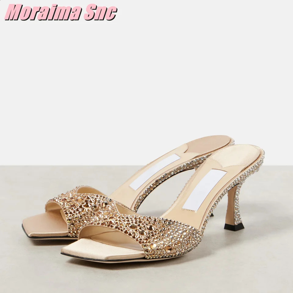 Crystal-embellished Satin Mules Square Toe Stiletto High Heel Slip On Sexy Fashion Womens Summer Slides Shoes Outdoor 250322
