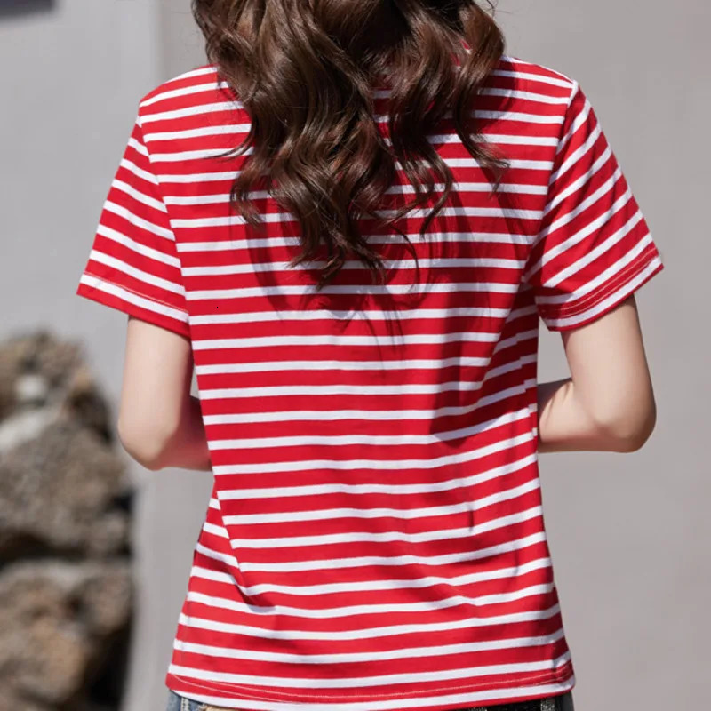 Wxw0212 striped Tshirt womens short sleeved cotton Oneck office ultrathin Korean style summer 2023 250324