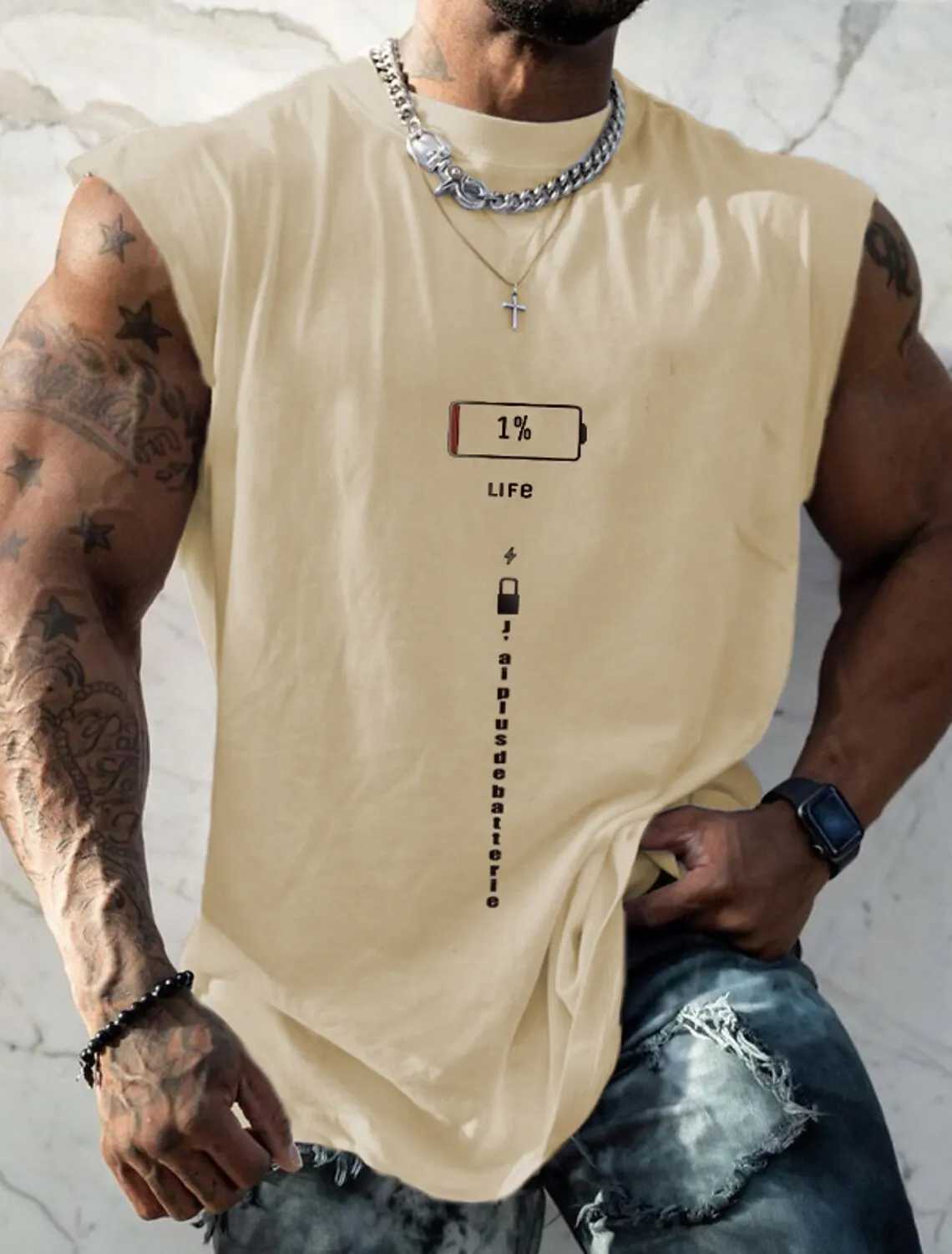 Mens vest T-shirt with simple sticker text pattern tribal Harajuku round neck clothing daily fitness and sports sleeveless ethnic style X250324