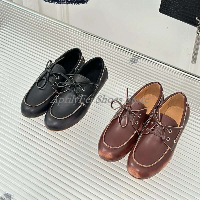 Holiday Walk Shoes Knots Flats Loafers Women Vintage Brown Cow Leather Comfortable Designer Mocasines Socialite Boat Shoe Runway
