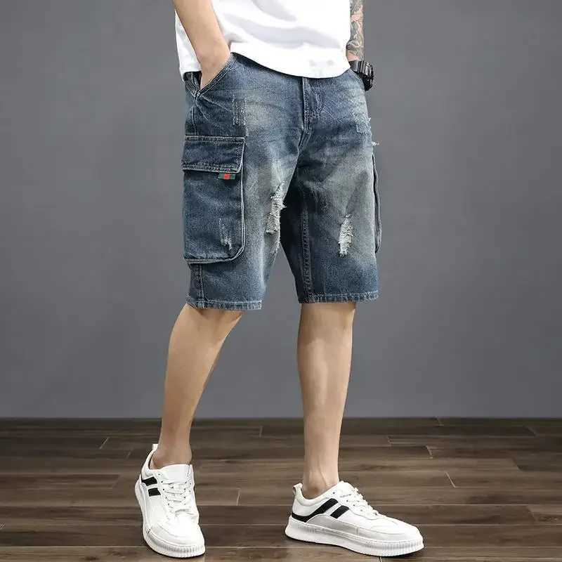 Short Jeans Pants for Men Half Ripped Long Bermuda Straight Mens Denim Shorts XL Korean Fashion Trend 2024 with Comfortable Cut T250603