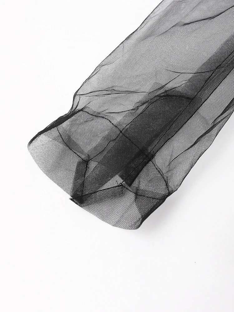 Women Black Mesh Ruffles Perspective Blazer New Lapel Long Sleeve Jacket Fashion Tide Spring Summer 2025 Cpdb110