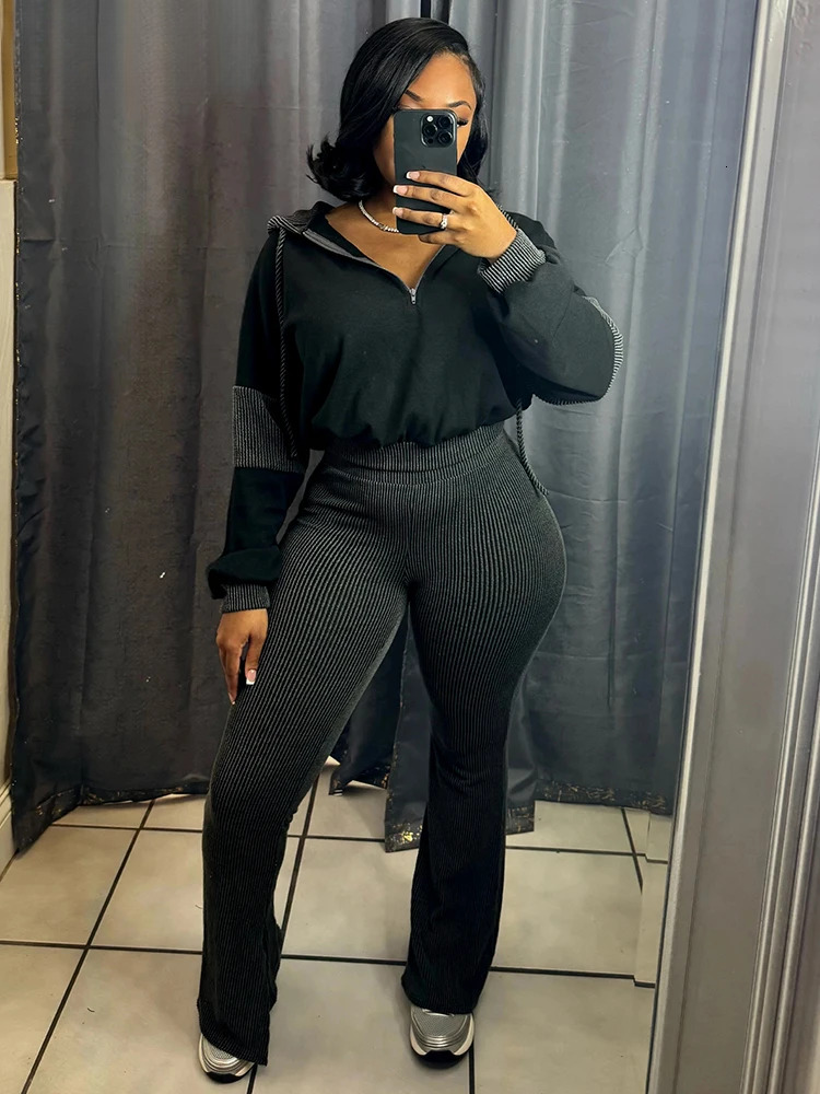 Spring Fall Knit Ribbed Women Long Sleeve Hooded Patchwork Sweatshirts Tops And Flare Pants 2 Piece Sets Jogger Outfit Tracksuit