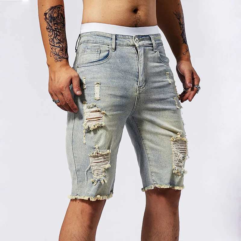 Vintage Denim Shorts Mens American Stretch Slim Jeans Fashion Ripped Streetwear Male Hole Frayed Short Pants Blue Black T250603