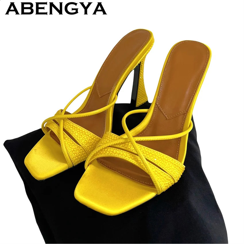 ABENGYA 2025 Thin High Heels Mules Slippers Women Square Open Toe Satin Rhinestone Sandals Summer Sexy Dress Shoes Woman 250322