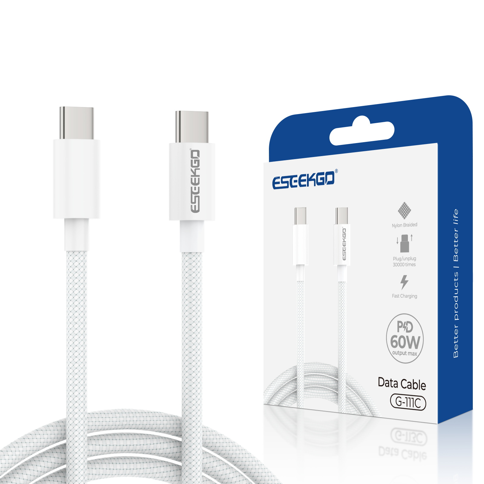 USA STOCK ESEEKGO G-111C Nylon C to C Cable Braided 60W 4FT Type-C to Type-C Data Cable G-111C With Retail Package ship in 2 days