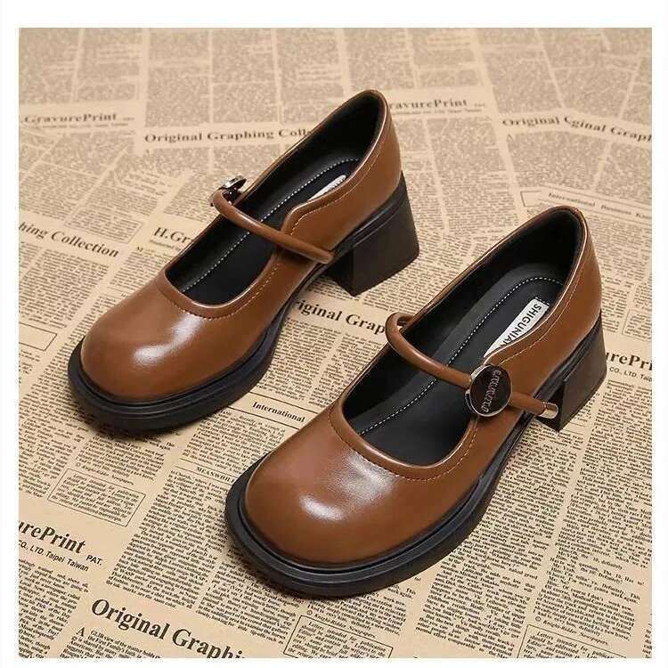 Famous Brand Ladies High Heel Sandals Women Pu Leather Ankle Buckle Mary Jane Woman Thick Heeled White Lolita Shoes