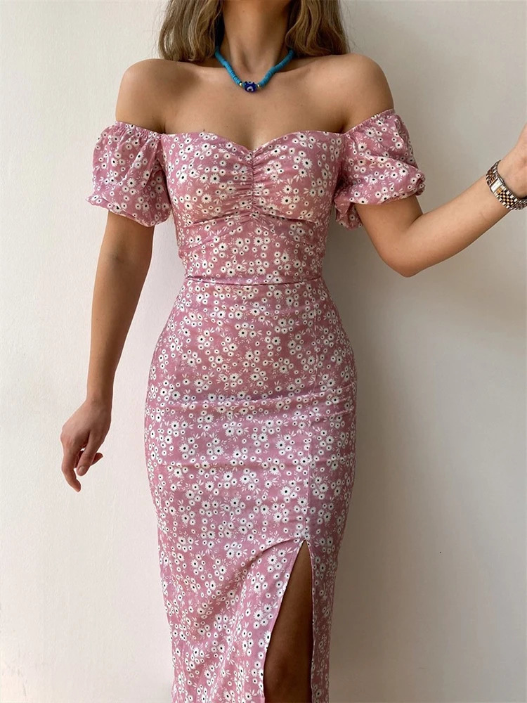 Sexy Floral Print Short Sleeve Hip Wrap Party Dress Elegant Off Shoulder Backless Dress Summer Waist Slit Boho Long Dresses 250324