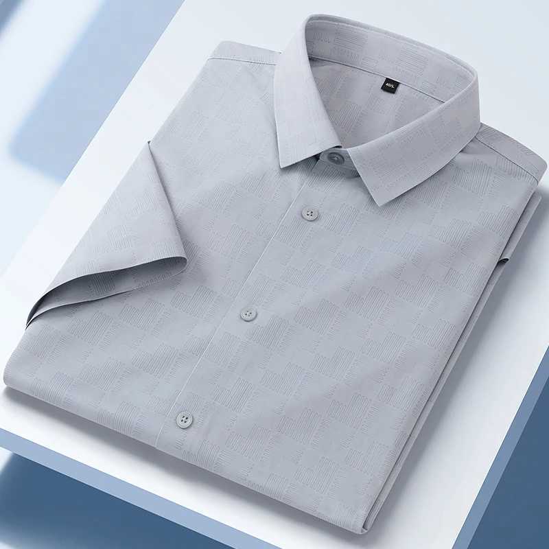 New summer short sleeved mens shirt suitable for formal solid color shirts soft office striped tops wrinkle free elastic clothing X250324
