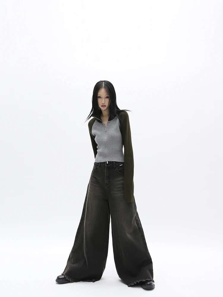 Yedinas American Retro Streetwear Bell Bottom Femme Autumn Winter Washed Do Old Boyfriend Jeans For Women Denim Pants Chic