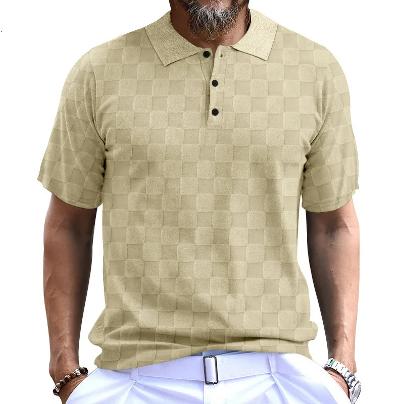 Mens short sleeved casual lapel polo shirt checkered Tshirt 250312