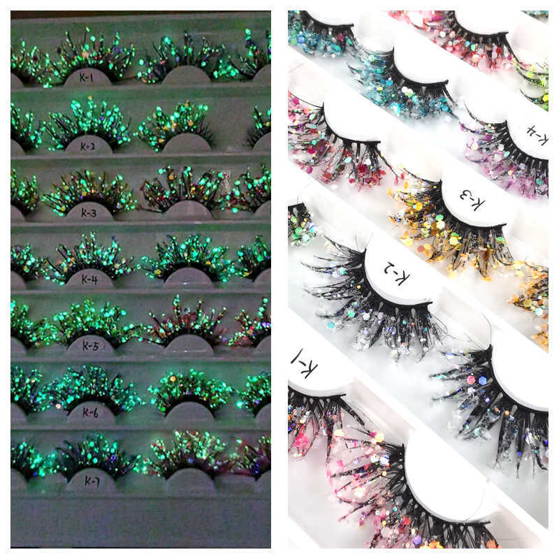 25mm color luminous 3D false eyelashes natural makeup stage makeup glitter powder Sequin drill thick exaggerated eyelashes W250324