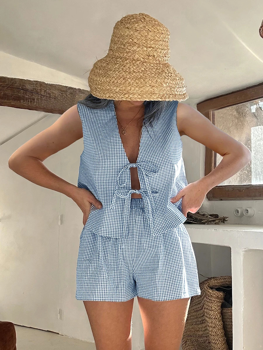 Womens 2-Piece Shorts Set Plaid Print Lacing V-Neck Sleeveless Tank Tops Elastic Waistband Shorts Loungewear Outfits 250322