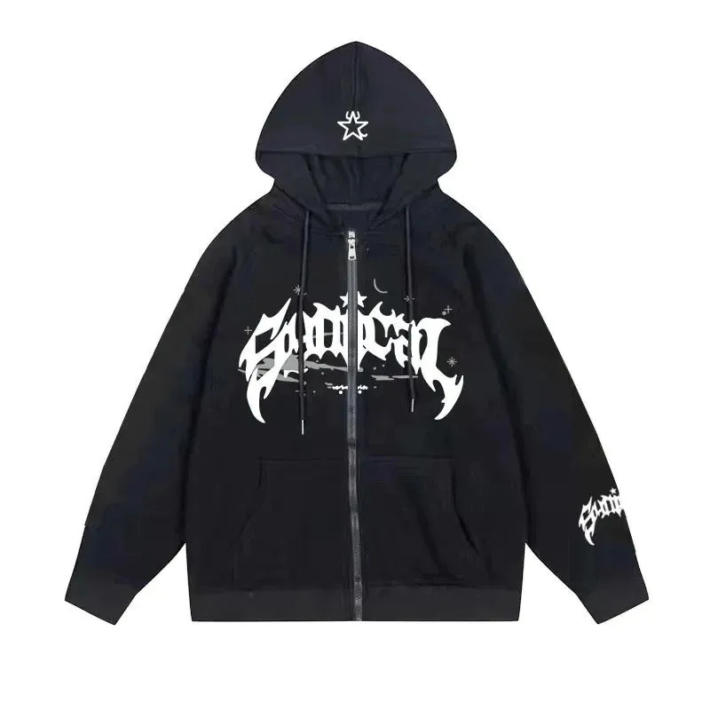 2024 American Retro Zipper Sweater Gothic Letter Star Hoodie Fashion Mens Casual and Coat 250318Z