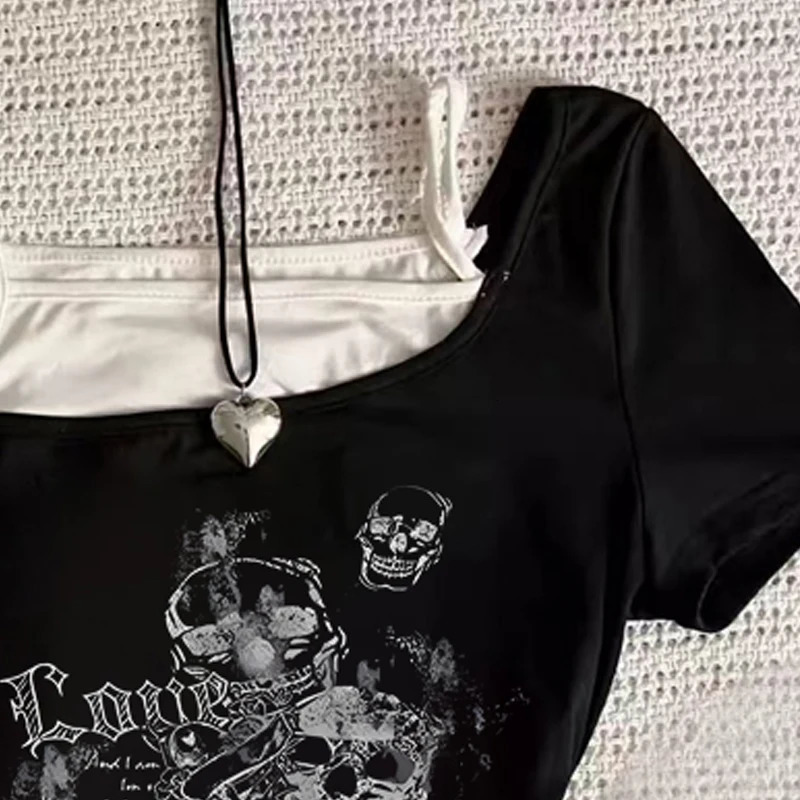 American gothic Vintage Two Piece Halter Lace Up T-shirts Y2k skeleton Print Tops Women Off Shoulder Short Sleeve Tee 250324