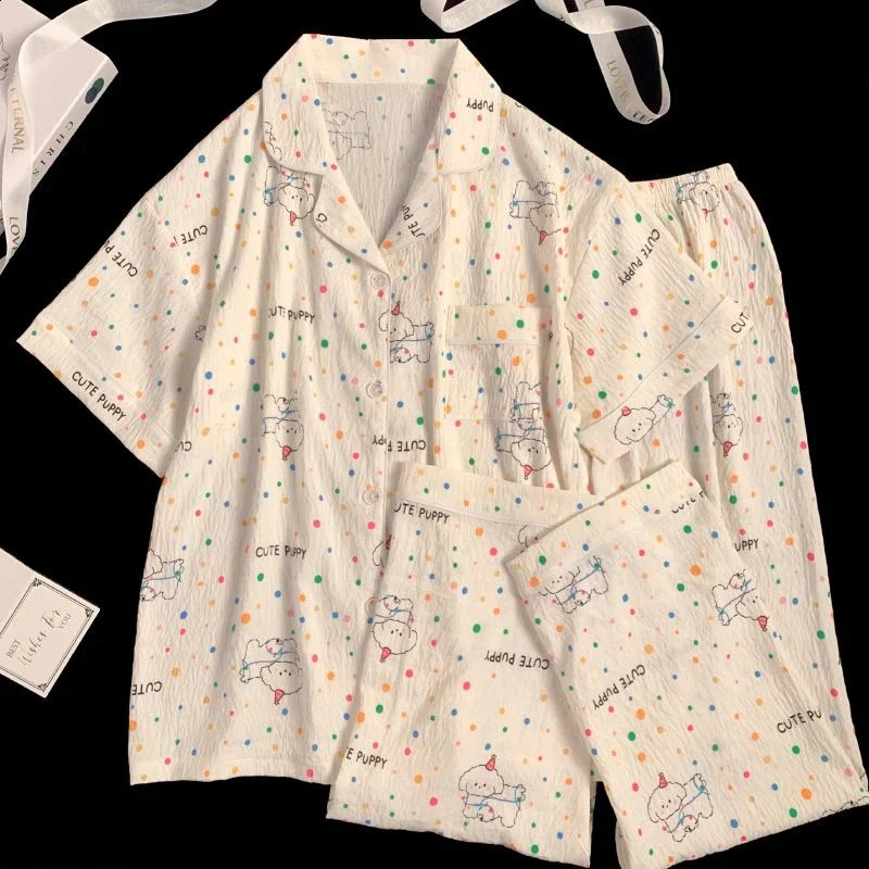 Colorful cartoon printed womens 3-piece pajamas Kawaii Sweet Cloud Cotton Homewear Spring/Summer pajamas 250321