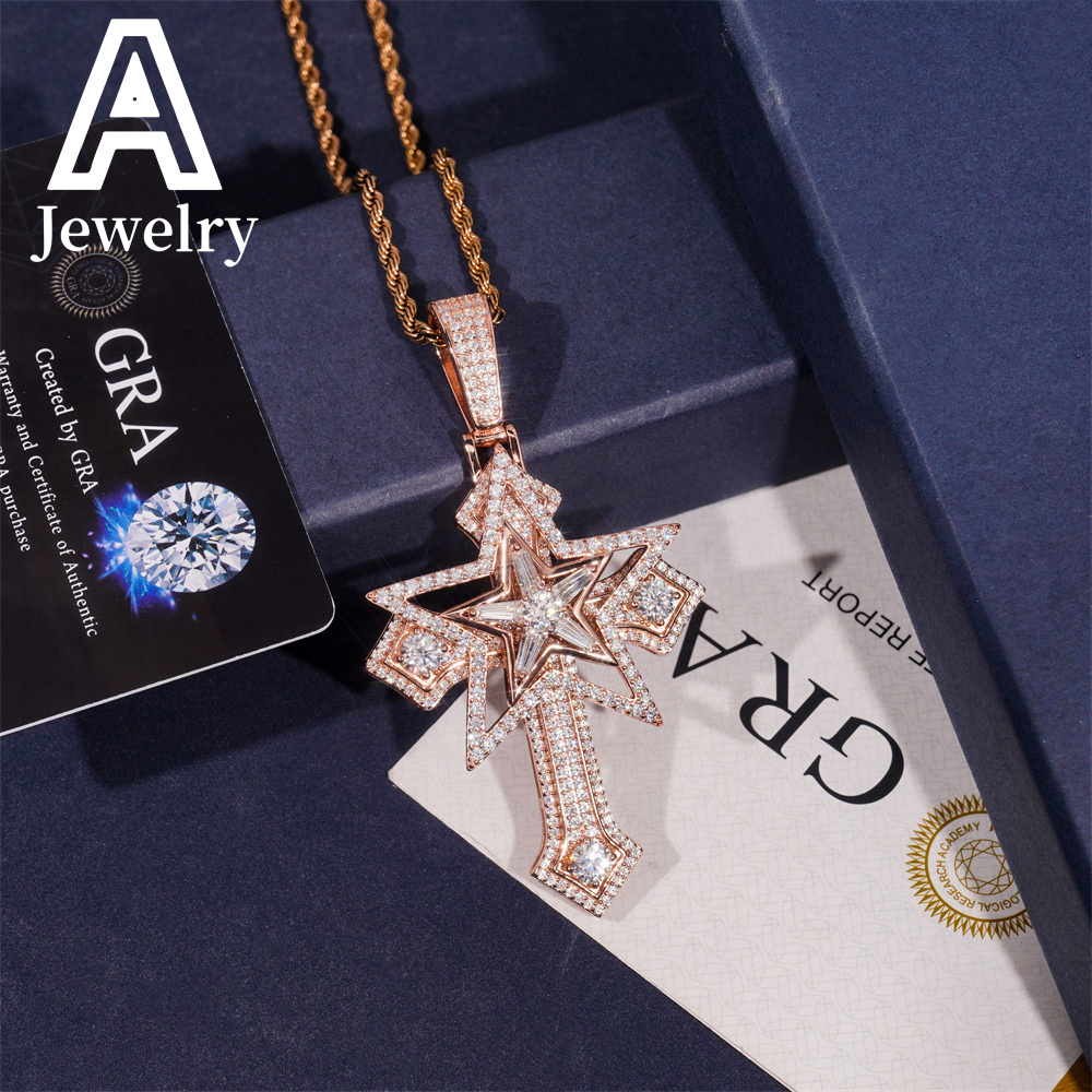 New Arrivals 925 Silver Hip hop jewelry moissanite diamond cross pendant 5 Pointed Star charm iced out cross pendant