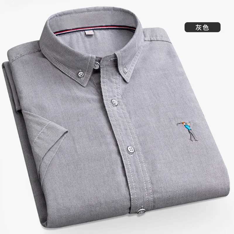 New summer short sleeved mens solid color Oxford spinning casual embroidery trend young slim fit mens short sleeved shirt X250324