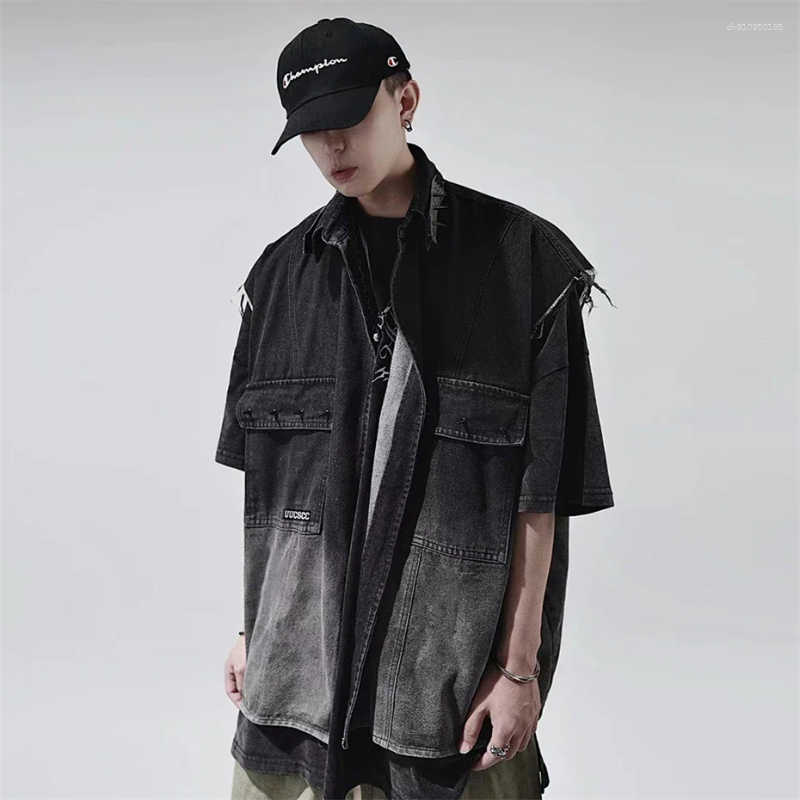 Men's Vests Vintage Denim Men Gradient Rivet Design Waistcoats Sleeveless Jackets Streetwear Punk American Hip Hop Unisex Coats