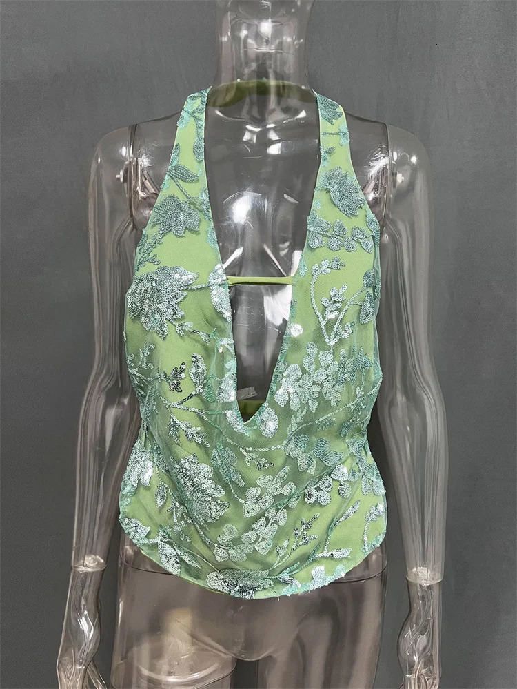 Tossy Summer Sequin Female Tank Top Printed V-Neck Hollow Out 2025 Backless Y2k Cropped Top Tee Sexy Glitter Halter Vest 250324