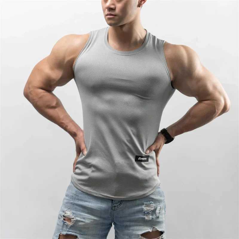 New gym training tank top mens sports T-shirt summer thin mesh breathable fitness running vest quick drying sleeveless top X250324