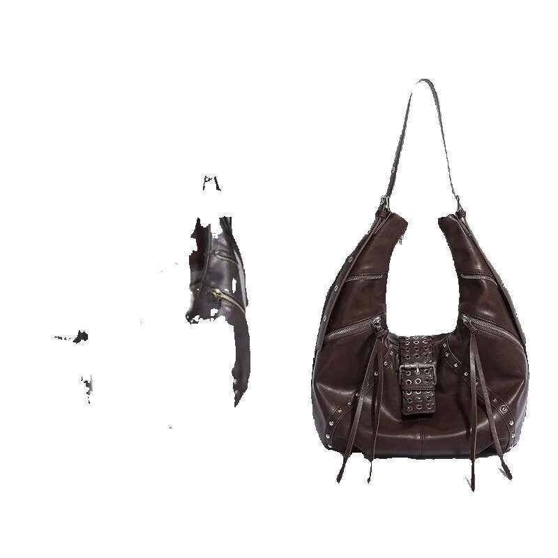 Brand Retro Motorcycle 2025 New Wax Leather Cool Croissant Bag Rivet Zipper Design Shoulder Crossbody Dumpg Armpit Bags