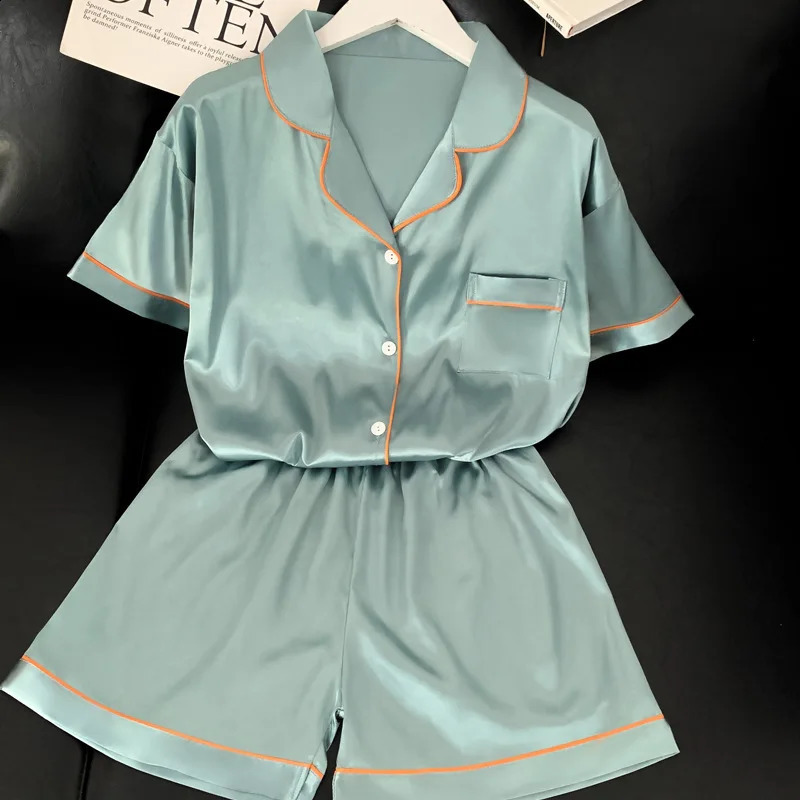 Ice Silk Cool Home Clothes Womens Pajamas High Quality Cardigan Short Sleeve Shorts Summer Pajamas Set for Women Nightwear 250321