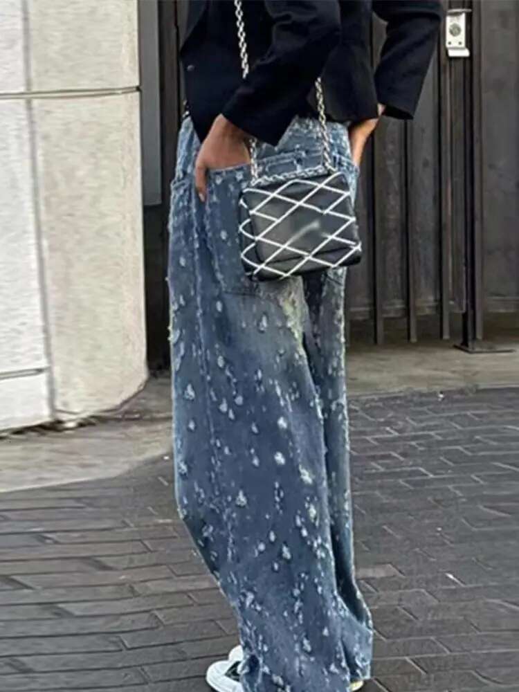 Denim Tassels Gradient Pants Women Wide Leg High Waist Straight Street Chic Jeans Female 2025 Spring Fashion Pocket Lady Trouser