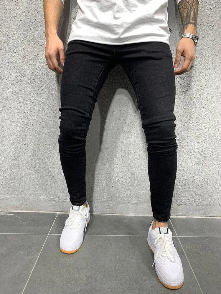 Mens 2024 Stretch No Ripped Pants Streetwear Black Denim Trousers Grey Pure Color Jeans Elastic Waist Skinny 250312