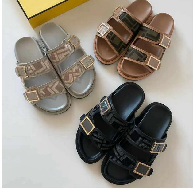 Summer Sandale Designers Sandals For Women Fashion Slides Classic Strap Buckle Flat Leather Canvas Letter Rubber Slippers Beach Shoes Size 35-42