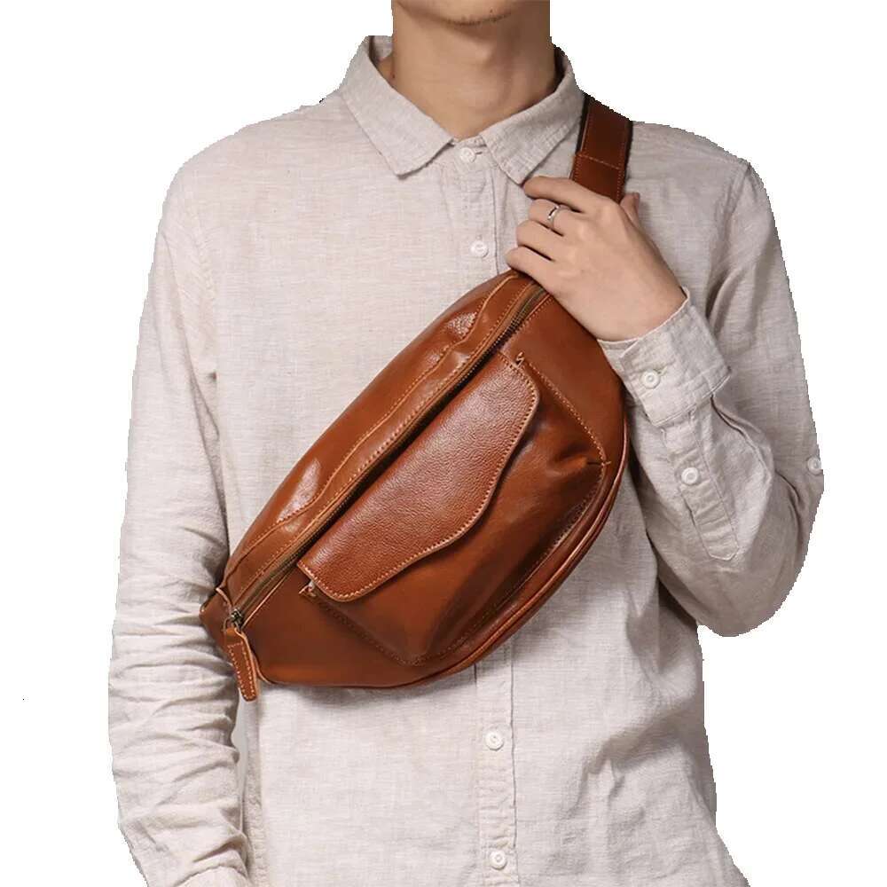 LUOKIR Retro Men's Chest Vegetable Tanned Leather Casual Crossbody Bag, Cowhide Shoulder Bag