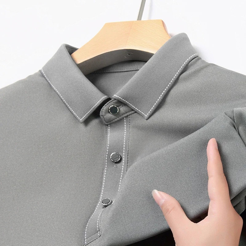 2024 Mens Solid Color Cotton Business Casual Short sleeved POLO Shirt Fashion Comfortable and Breathable Top 250312