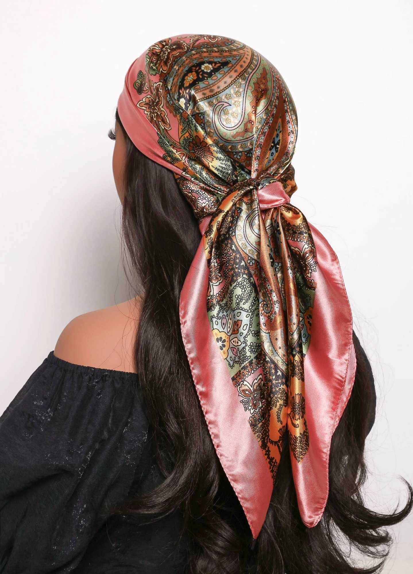 Spring satin square scarf Muslim headscarf elegant print silk collar shawl wrap handle hair accessories bandage X250324