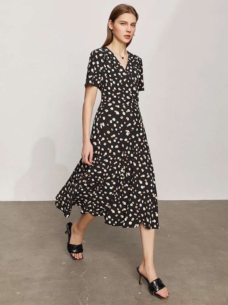 Amii Minimalism Summer New For Women Fashion Dot Printed Vneck Slim Fit Midi Ae Chiffon White Dress Vestidos 12140471