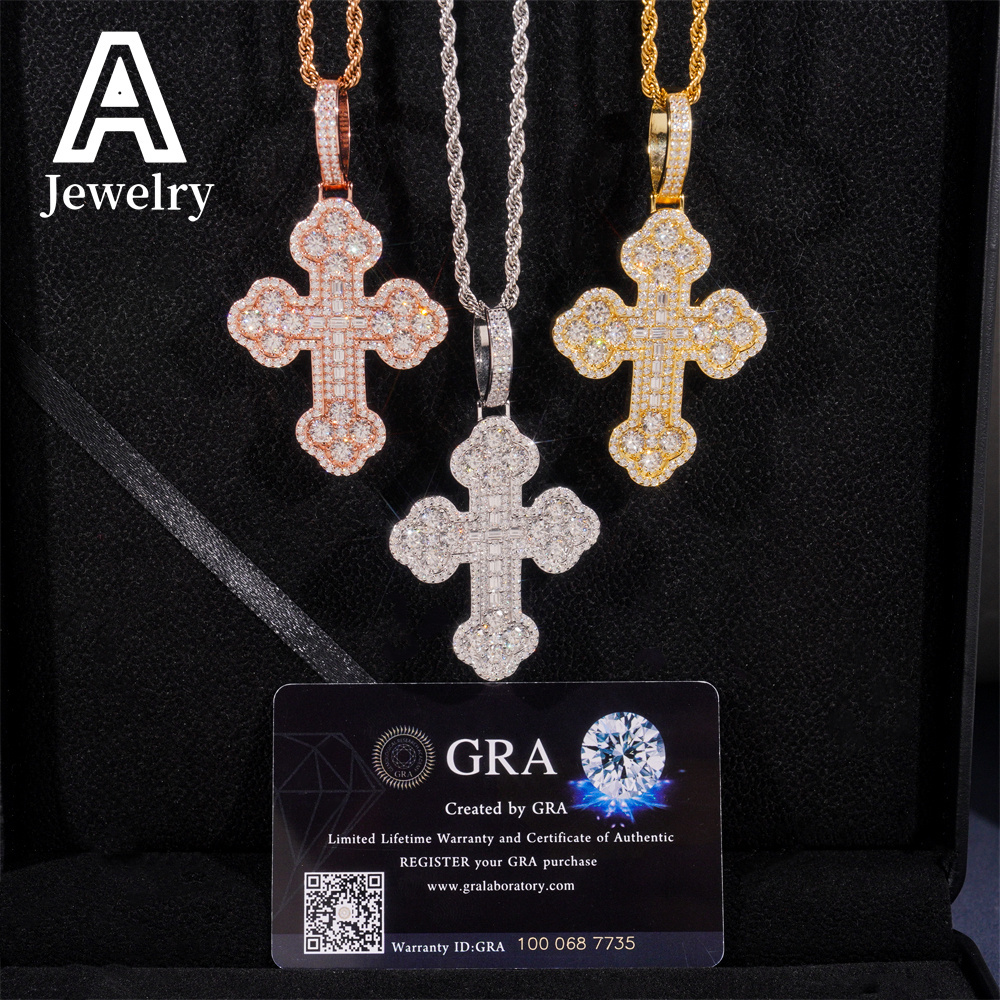 Hip Hop iced out Cross Pendant 925 Silver Baguette VVS Moissanite Cross Charm Pendants